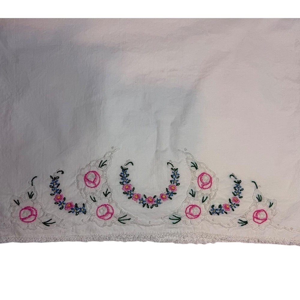 Vintage Hand Embroidered Floral Pillowcase White Cotton Pink Roses Lace Trim